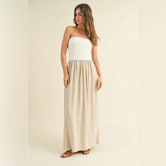 Miou Muse Linen/Ribbed Knitted Strapless Top Combo Dress - Picture 2 of 6